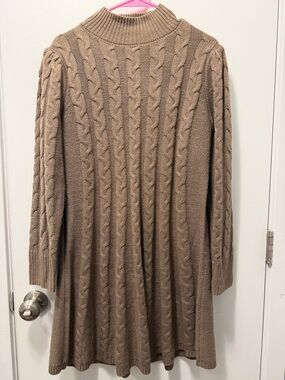Lucky Brand Cable-Knit Mock Neck Dress in Taupe